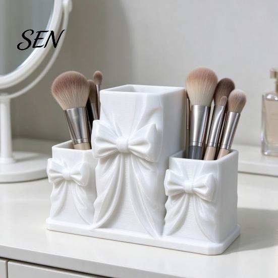 Aesthetic Desk Decor for Girls 3D Printed Makeup Storage Box with Bow Design, Desktop Cosmetic Organizer Cosmetics Vanity Table, Three Compartments
