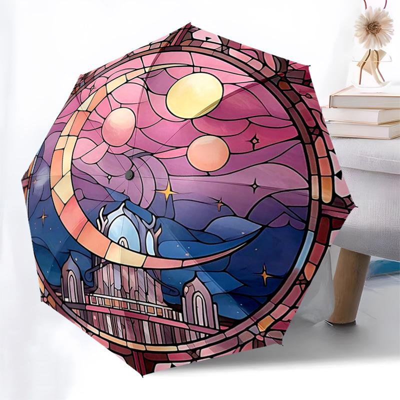 

1pc Stained Glass Castle Automatic Folding Umbrella - Portable 3-Fold Design, 8-Bone Iron Frame Outdoor Umbrella, Perfect Gift for Fans, Travelers, Da