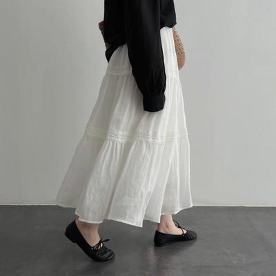 Dongting Ramie Lace Patchwork A-Line Midi Skirt (100-count)