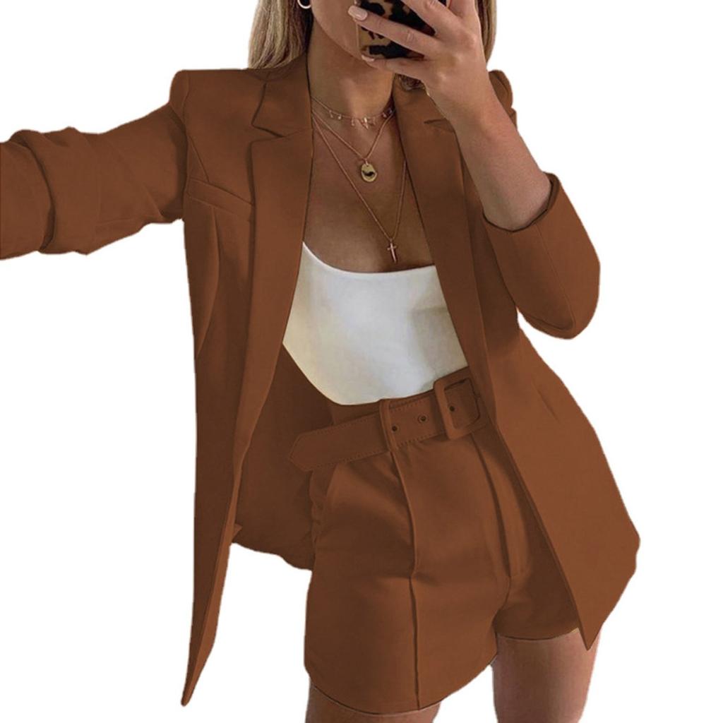 Women's Slim Fit Two Piece Suit Lapel Long Sleeve Blazer High Waist Belted Short Co-ord Outfit Set