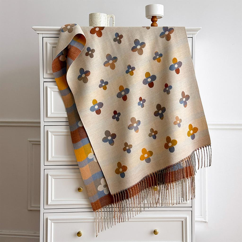 Autumn and winter new simple flower jacquard scarf women's color long fringed shawl imitation cashmere warm outer scarf