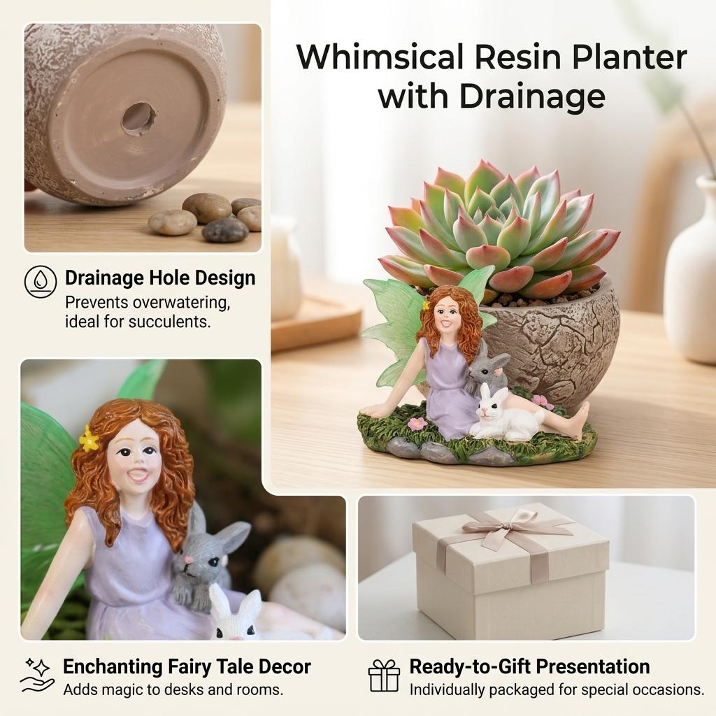 Resin Girl Rabbits Mini Landscape Planter Pot Succulent Decoration Elf Ornament With Drainage Hole For Small Plants