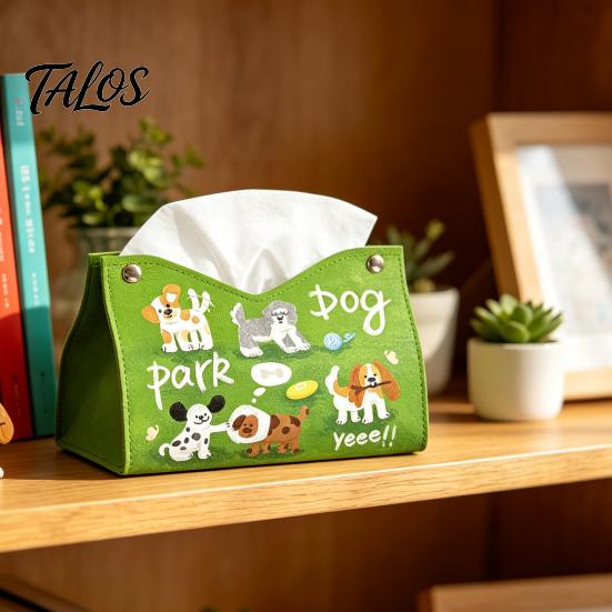 Multipurpose Tissue Bag Leather Box Cover with Cartoon Puppies Pattern, Foldable Desktop Organizer, Napkin Holder Organizer Case, Facial Paper