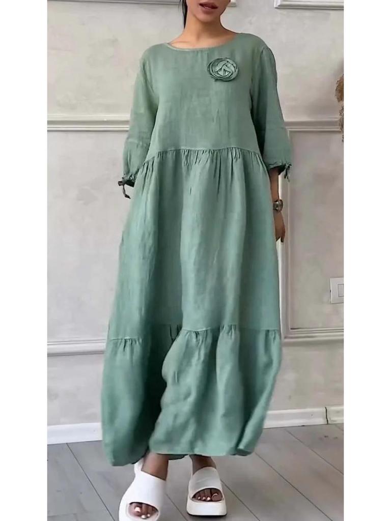 2024 Drawstring Back Tie Casual Solid Color Women's Dress - Round Neck, Long Sleeve