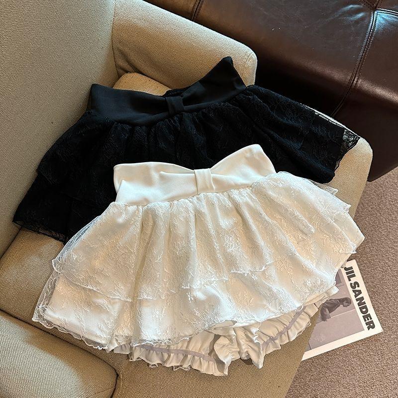 White A-Line Tulle Skirt With Lace Trim High Waist Short Teen Girls Casual Wear