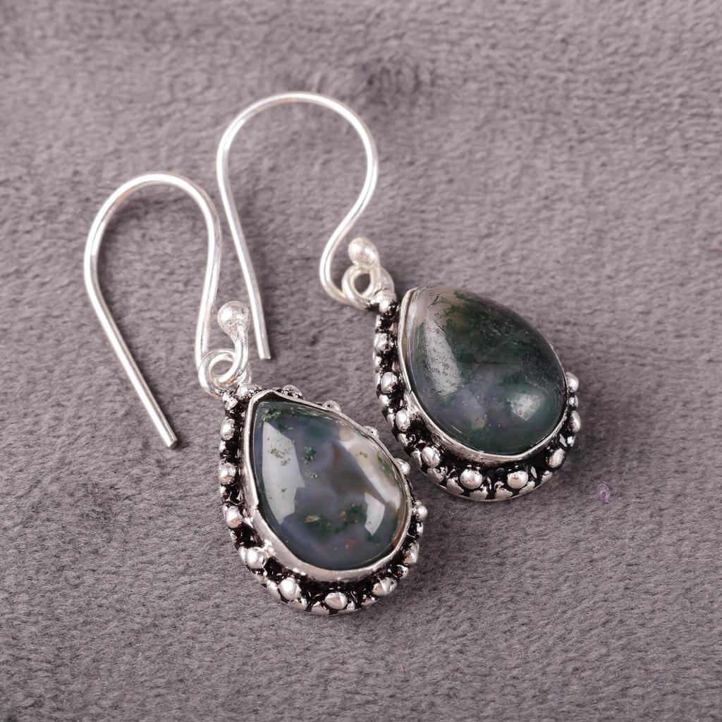 Natural Moss Agate Gemstone 925 Sterling Silver Jewelry Handmade Earrings 1.41" EE-97-33