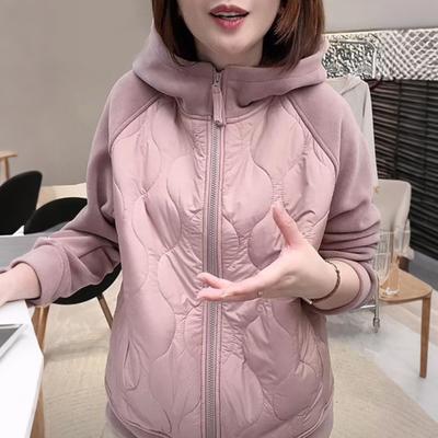 Women's Puffer Jacket Lightweight Zip Up Long Sleeve Hooded Jacket Patchwork Quilted Down Coat Winter Warm Outerwear