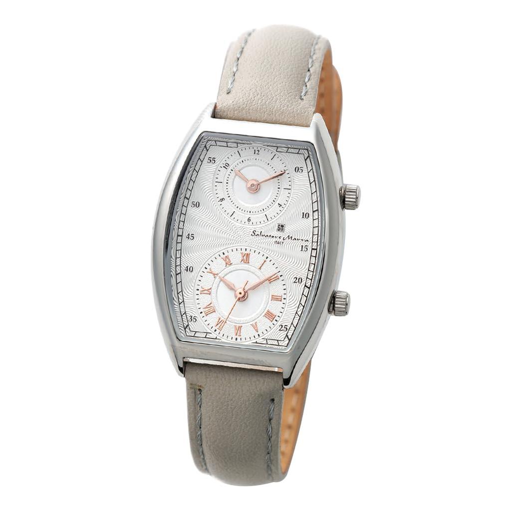 Salvatore Marra Tonneau Dual Time Watch SM23107-SSWHGY Water Resistant for Daily Use White & Gray Design