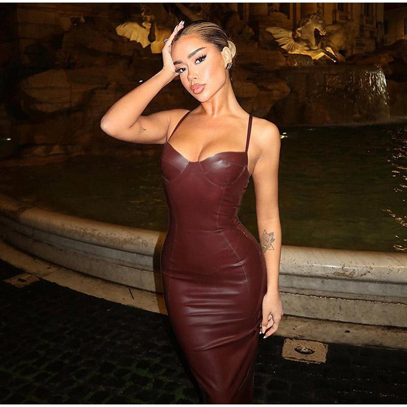 Sexy Einfarbig Leder Party Kleid Frauen Schlank Ärmelloses Backless Hüfte Paket Lange Sling Kleider 2025 Frühling Sommer Dame Kleid