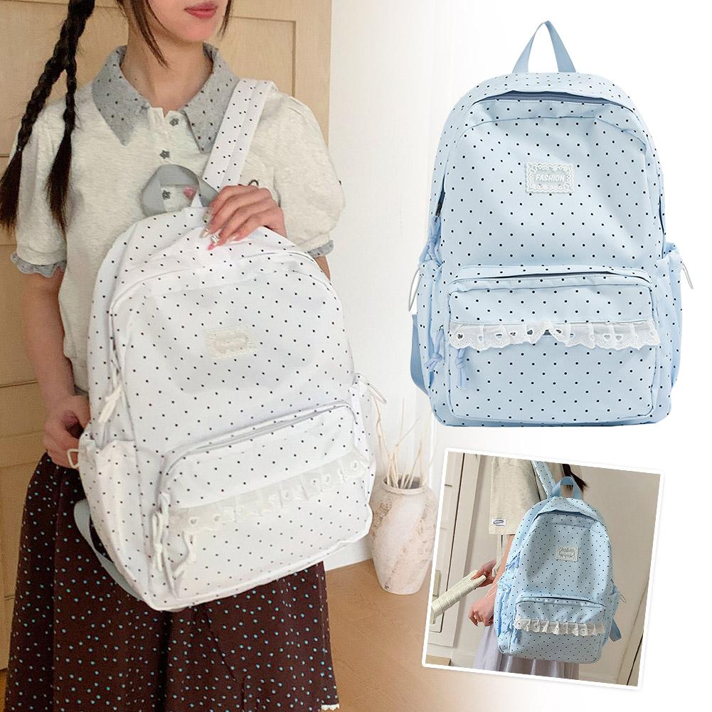 Polka Dot Backpack Cute Coquette Backpack with Lace Trim Kawaii Back Pack Everyday Daypack for Campus Classes and Weekend