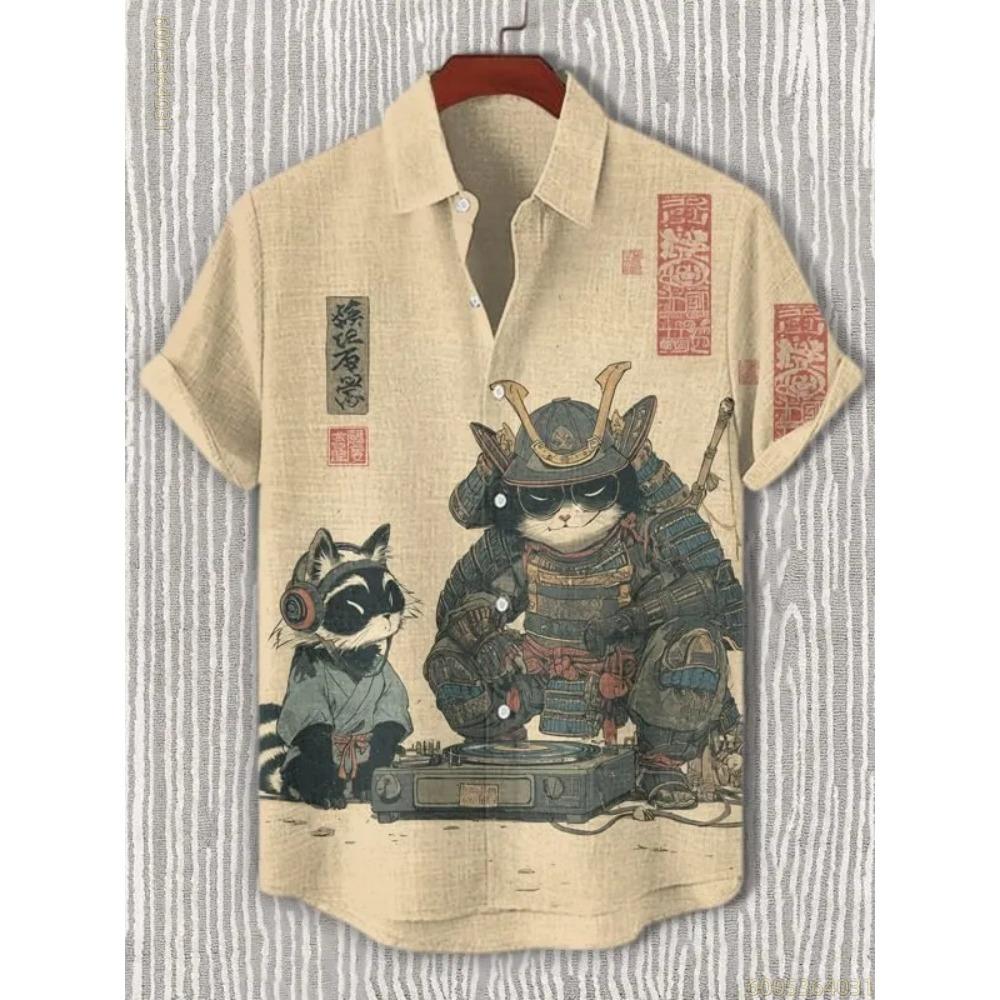 Men's Short-sleeved Shirt with Black Cat Riding a Shark Print, Hawaiian Style, Suitable for Outings, Parties, and Casual Wear.