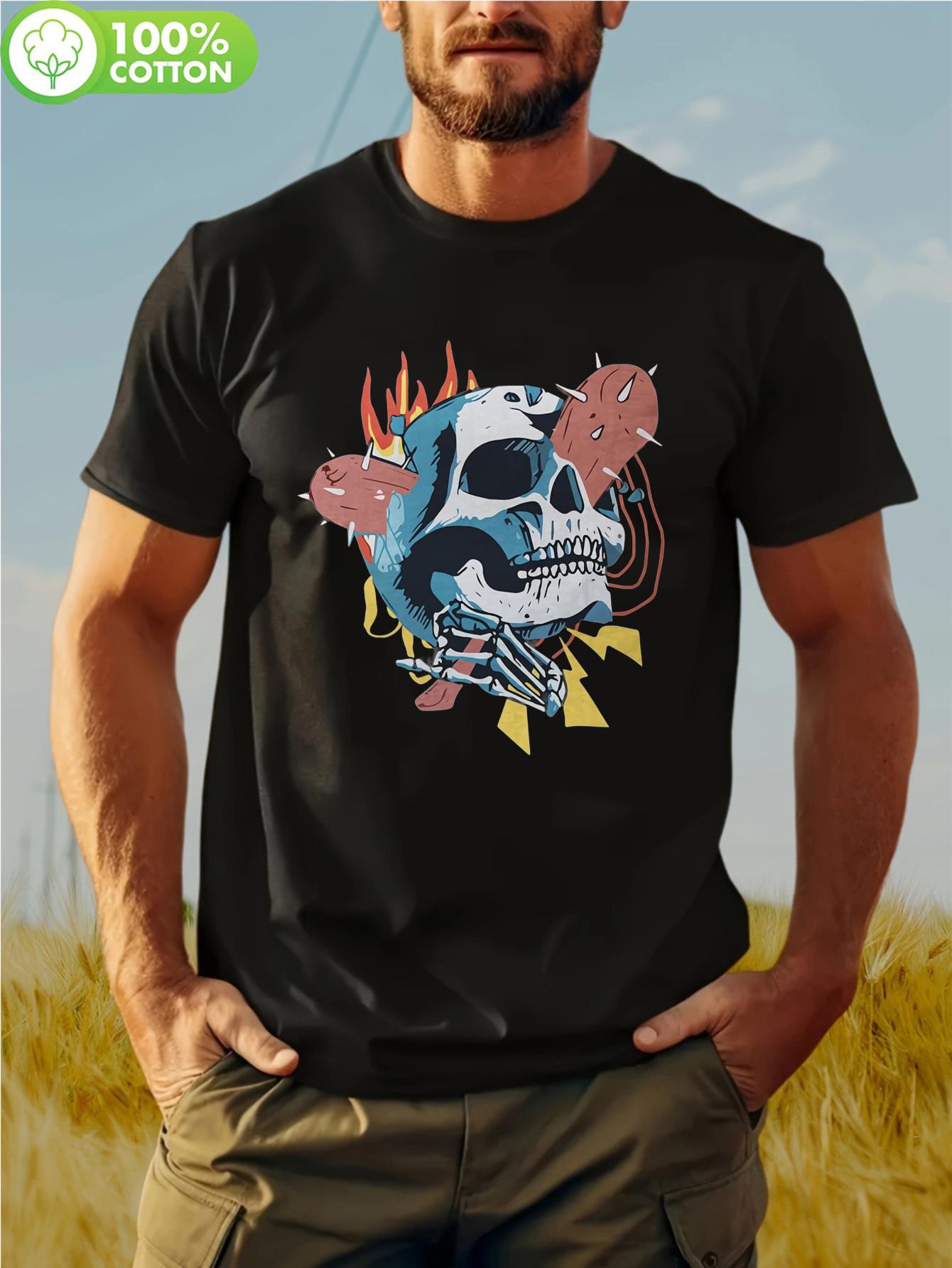 Retro Flame Skull Graphic T-shirt - 100% Cotton Crew Neck Short Sleeve Tee with Mystical Floating Skull S