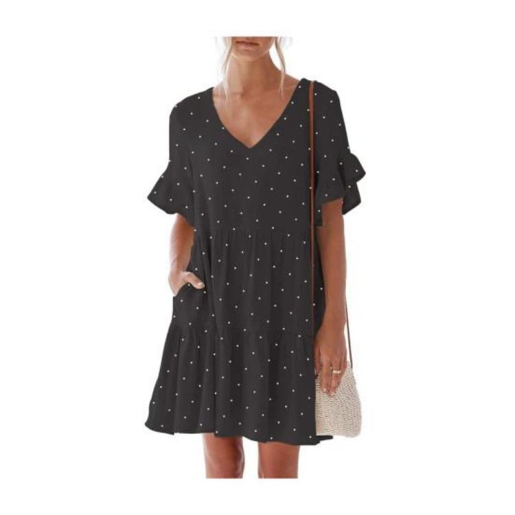 Boho Beach Vacation Sundress Women Summer Floral Midi Dress Casual V-Neck Ruffle Short Sleeve Flowy S чёрный