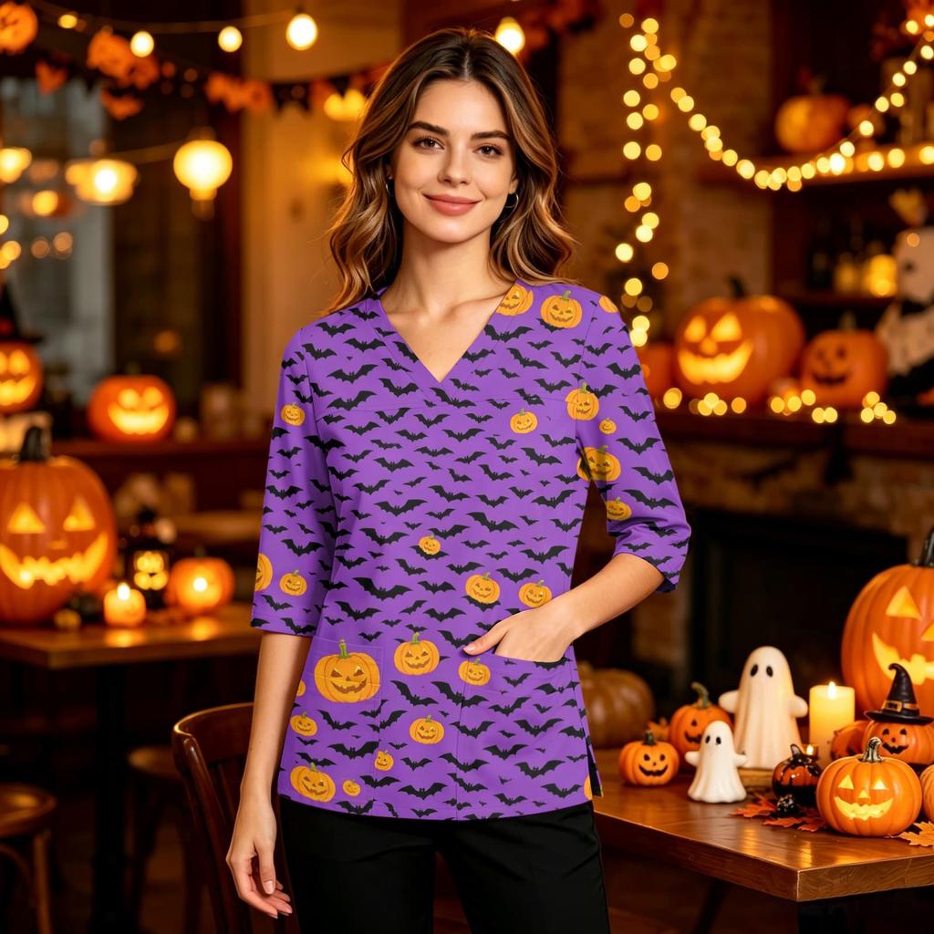 Women's Halloween Print V-Neck Top with Pockets, Side Slit, 3/4 Sleeves