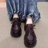 Spring 2025 Retro Chunky Heel Women's Genuine Leather Shoes - Handmade, Round Toe, Lace-Up Platform Design