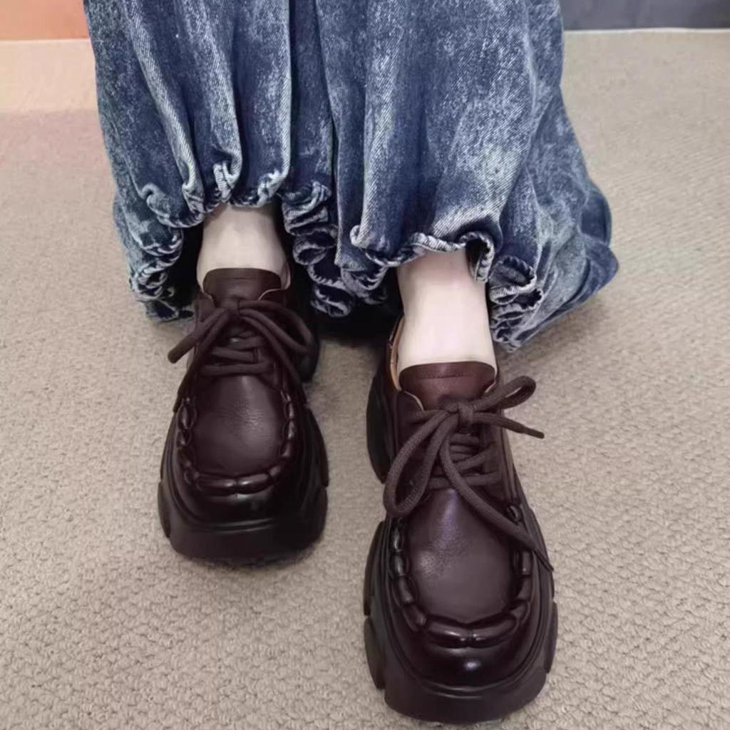 Spring 2025 Retro Chunky Heel Women's Genuine Leather Shoes - Handmade, Round Toe, Lace-Up Platform Design