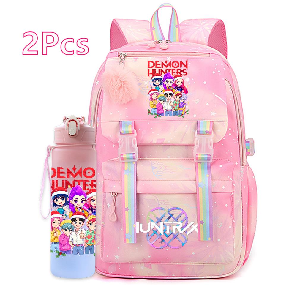 2Pcs/set Christmas K-pop Printed Backpack with 750Ml Water Bottler Large Capacity Travel Bag for Teenager Girl Boy Waterproof Bookbag Kid Gift Rucksak