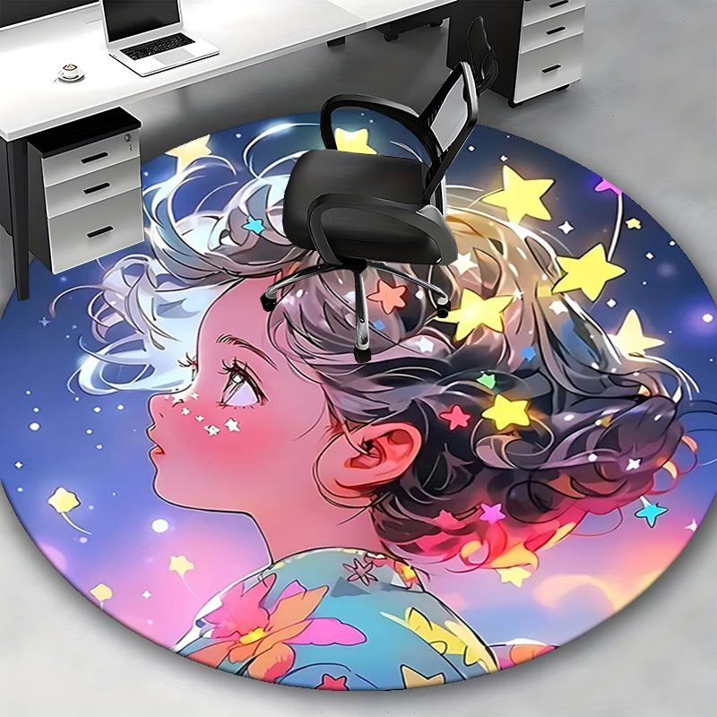 1pc Anime Design Round Carpet Office Chair Mat with Floral Print, Non Slip Rug for Home Decor, All Seasons