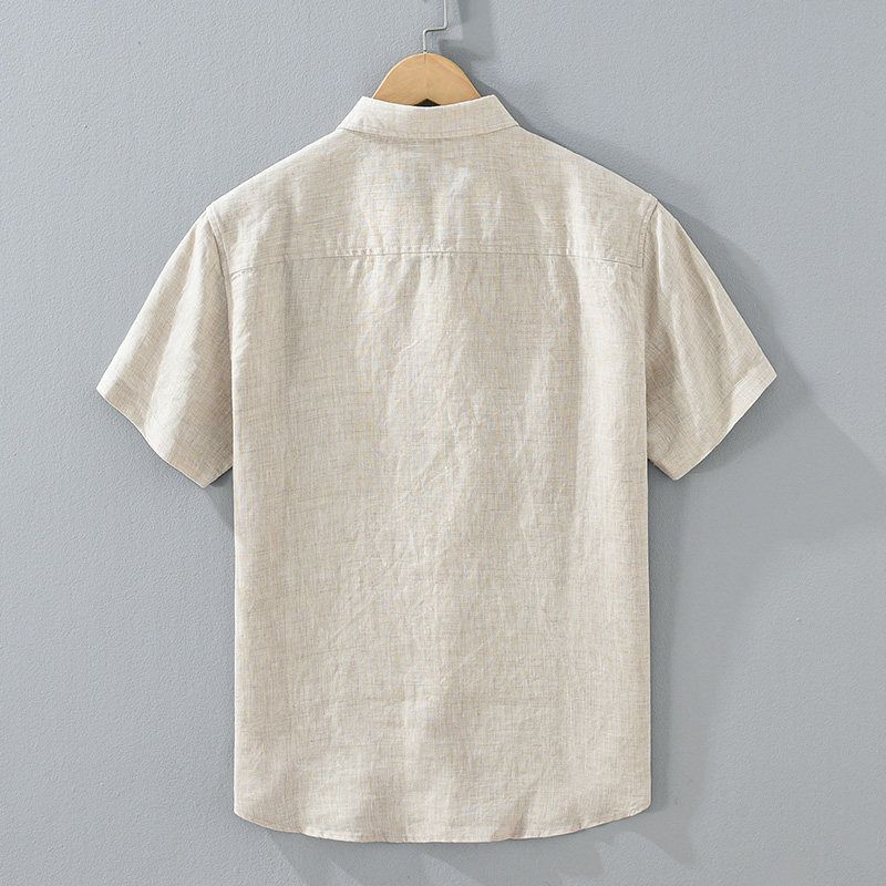 Foreign Trade Surplus Pure Linen Short-Sleeve Shirt for Men, Summer Loose Breathable Solid Color High-End Shirt, Vintage Square Collar Top