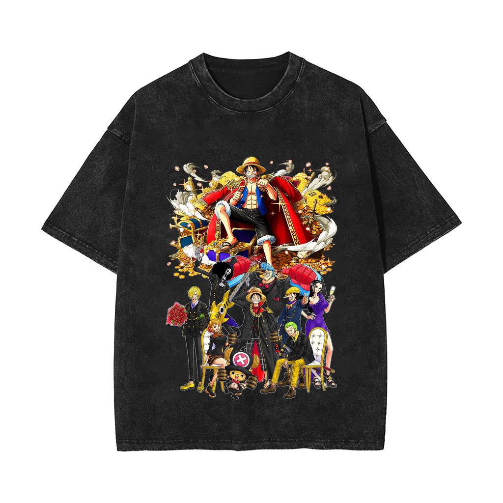 One Piece Luffy Zoro Anime T-Shirt Short Sleeve Summer Washed Vintage Look 100% Cotton Loose Fit Japanese Anime Top - TT8674