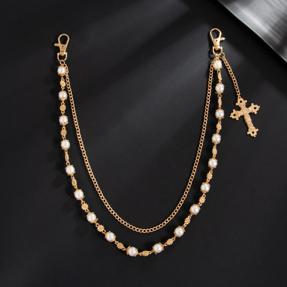 Beads Pearl Waist Chain Cross Pants Chain Retro Tassel Jeans Chain  Female
