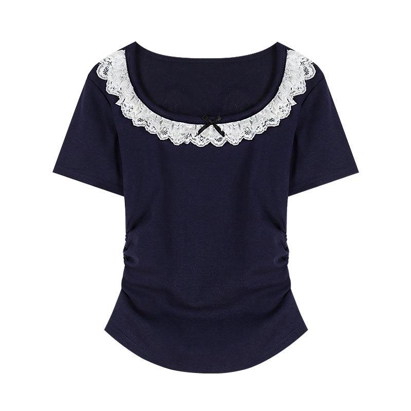 Sommer Damen Neues Spitzen Gartenkragen Slim-Fit Kurzarm T-Shirt Top