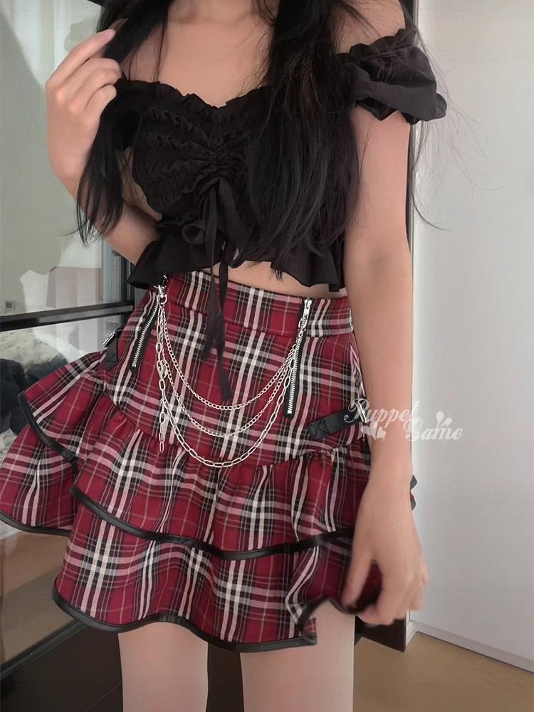Punk Gothic Red Plaid Mini Skirt Women Vintage Y2k E-girl Emo High Waist Cake Skirt Harajuku Street Fairycore Grunge Clubwear