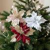 Glitter Powder Artificial Poinsettia Pick with Stem Fake Flower Ornament  Home Wedding