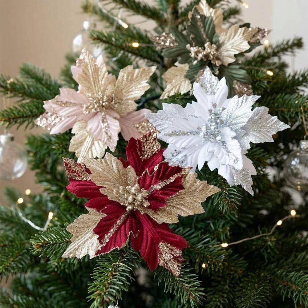 Glitter Powder Artificial Poinsettia Pick with Stem Fake Flower Ornament Home Wedding