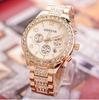 Geneva Diamond-Studded Steel Band Women's Fashion Watch - Elegant Three-Eye Design