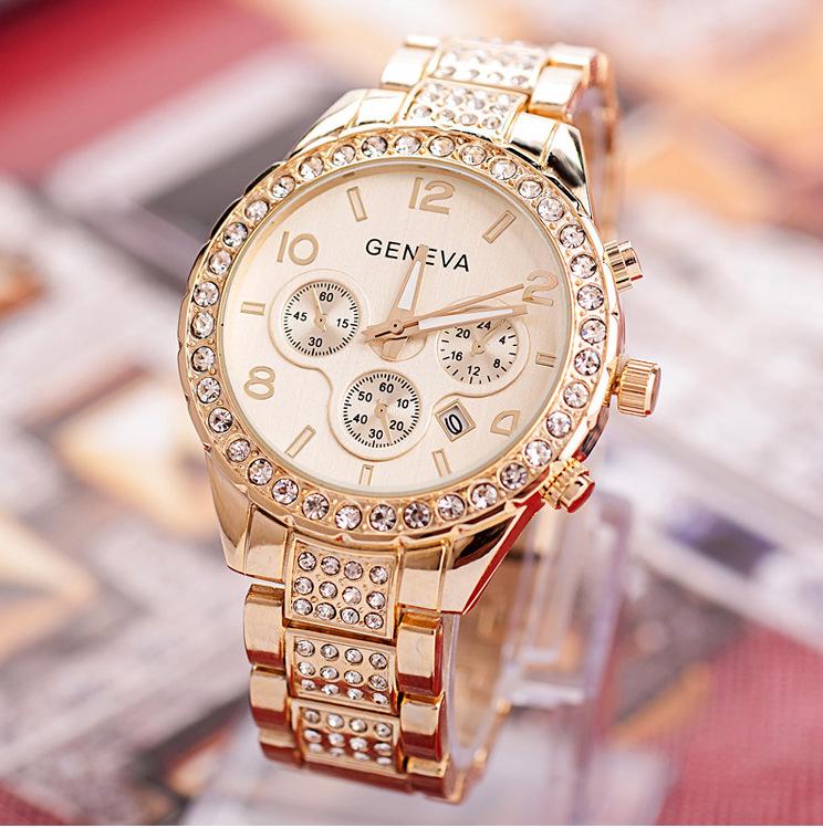 Geneva Diamond-Studded Steel Band Women's Fashion Watch - Elegant Three-Eye Design