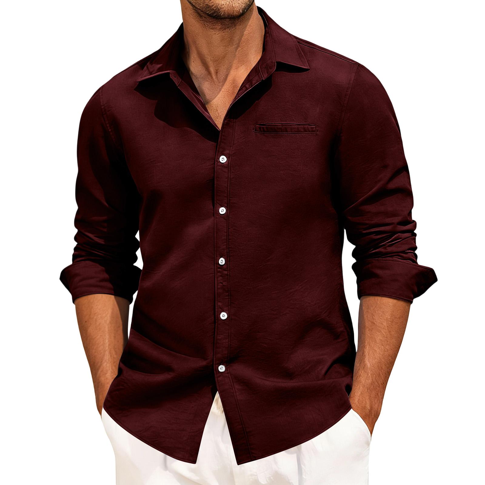 

Men s Color Casual Loose Button,Down Collar Faux Pocket Long,Sleeved Shirt M винний