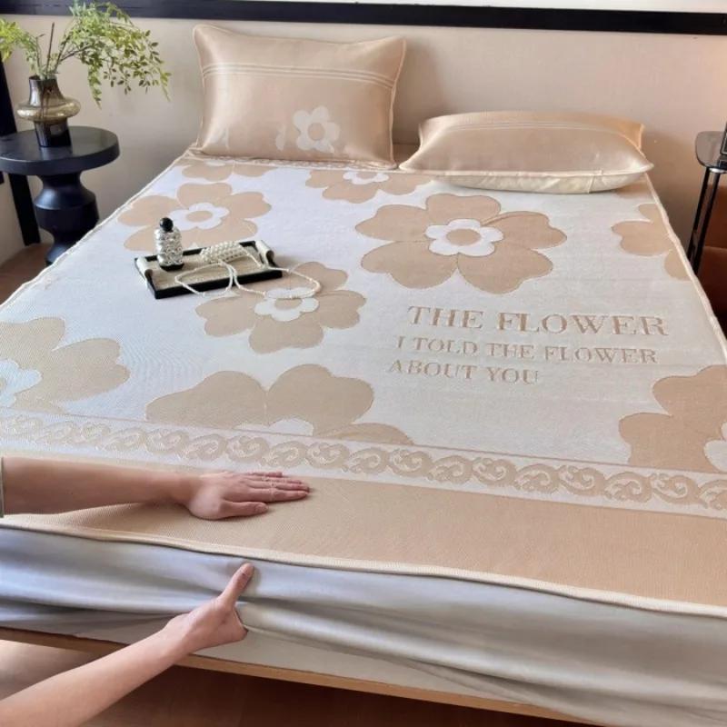 

2025 new carbon light antibacterial cool feeling washable ice silk mat mattress printed simple three-piece set 90x200cm 2pcs