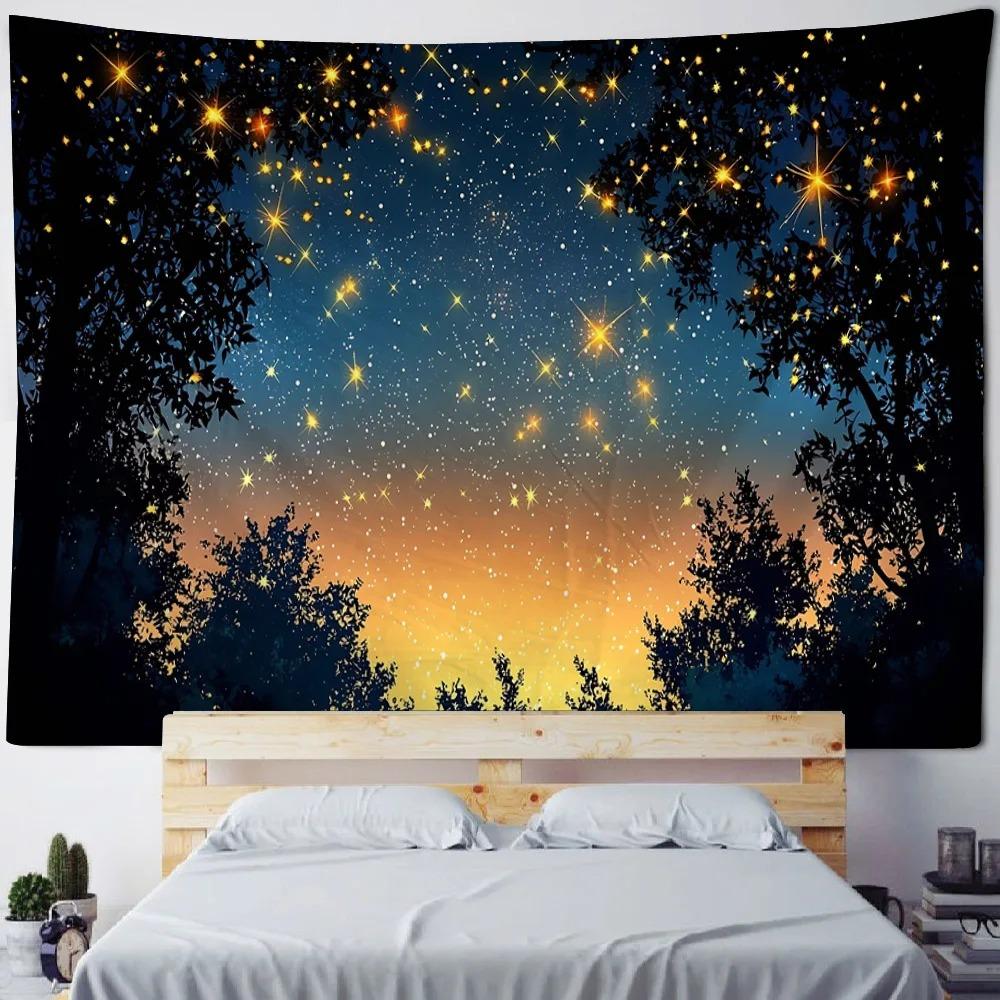 Background poster starry sky oil painting tapestry forest night fabric mural bohemian hippie home decoration wall hanging cloth
