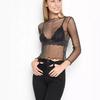 Dame Mesh Langermet Topper Rund Hals Sexy Gjennomsiktige T-skjorter Party Klubb Kveld Skinnende Underlagsskjorte Bluse