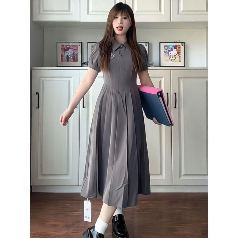 Plus Size Women's Clothing for Fat Girls, Korean Style Preppy Style Polo Collar Waist-Cinching Dress, 2026 Summer Fashion Slimming Dress