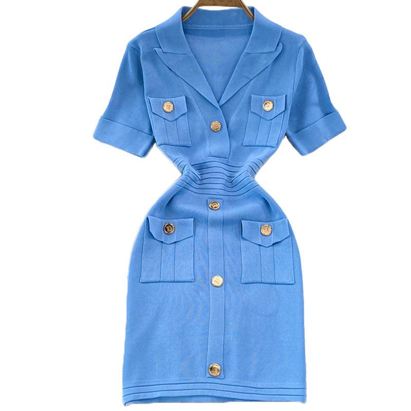 Women's Summer Knit Polo Collar Dress with Metal Buckle & Pockets - White, High-Quality Designer