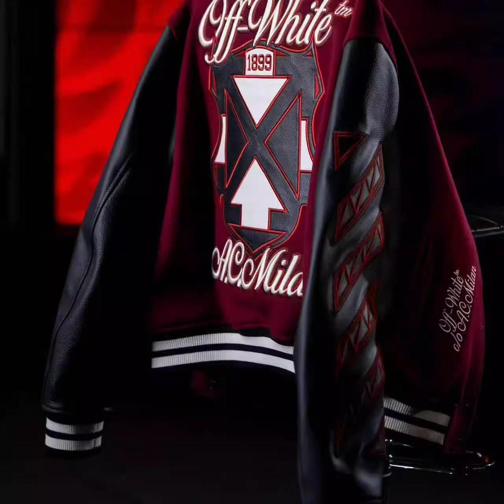 OFF25SS Trendy White & Red Leather Embroidery Baseball Jacket for Couples - Men's & Women's Short Style