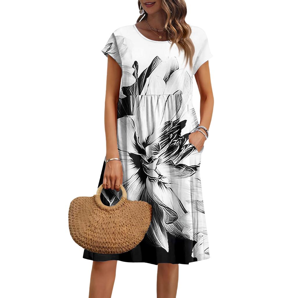 Abito estivo da donna casual con scollo rotondo, maniche corte e stampa floreale