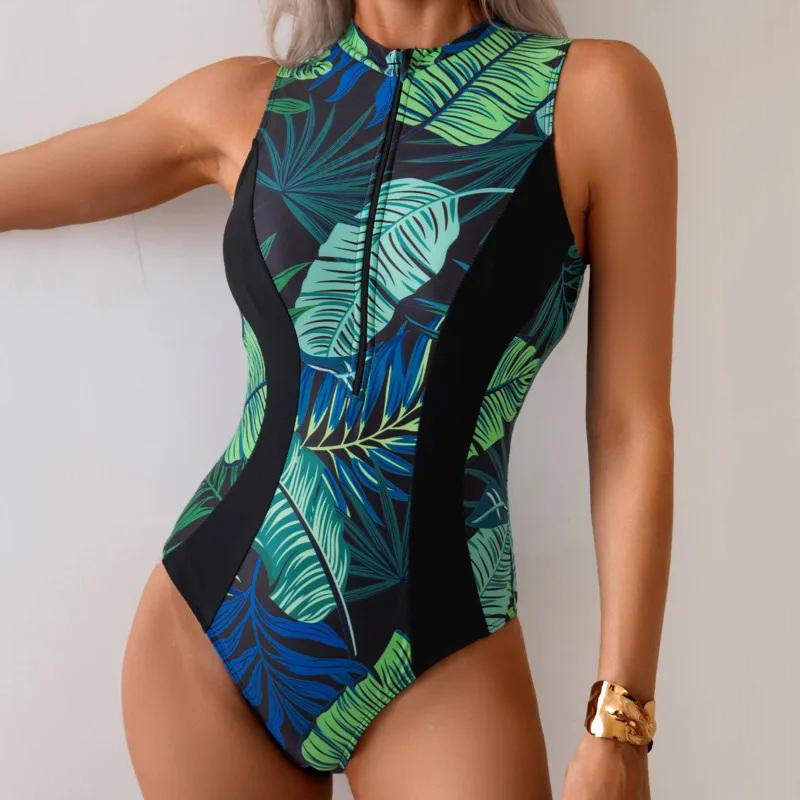 Women High Neck Zip Front One Piece Swimsuit Tropical Leaf Print Tummy Control Bathing Suit