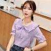 Ladies Short Sleeve Doll Collar Thin Shirt Sweet Bow Top Western Chiffon Shirt