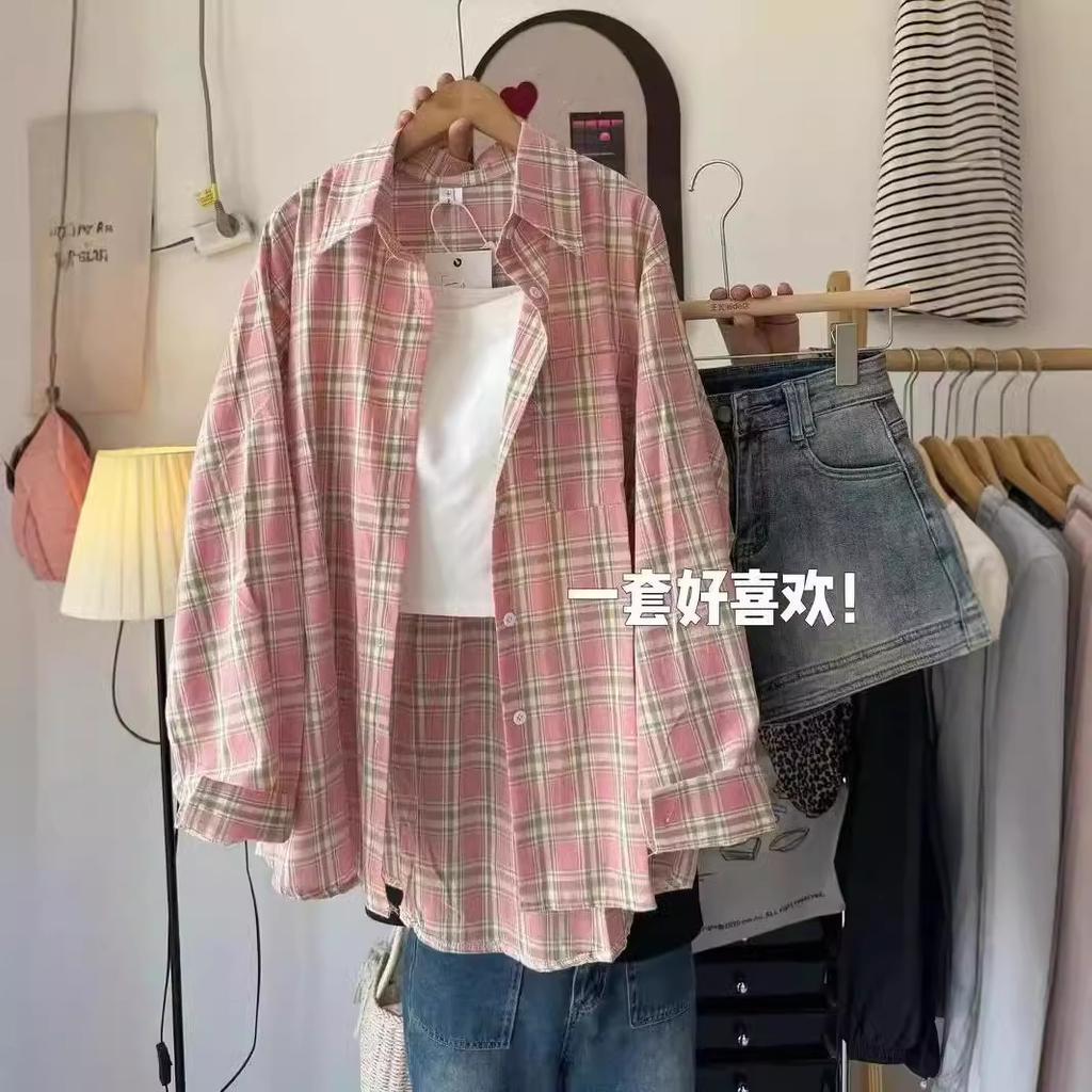 Women's Long Sleeve Plaid Shirt Polo Neck Japanese Casual Loose Fit Blouse Summer Patchwork Collision Color Sun Protection Outerwear