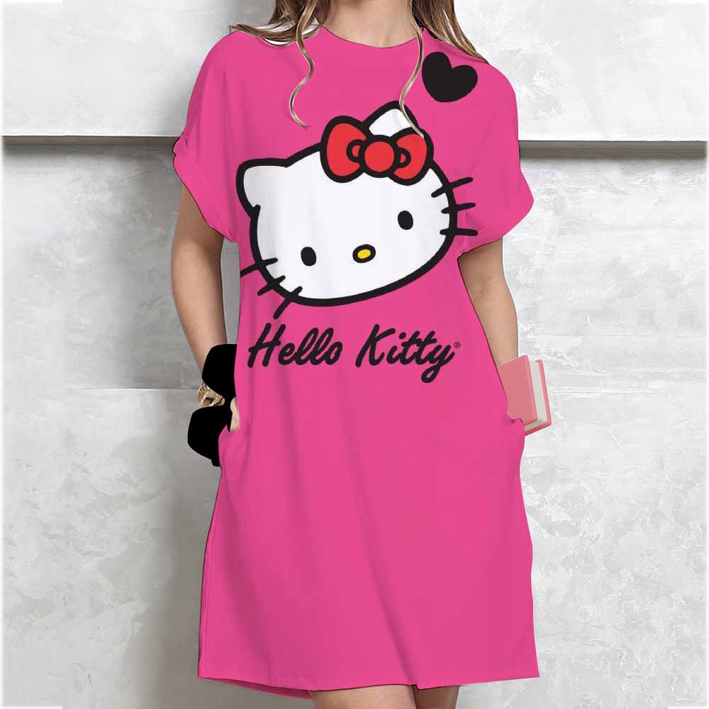 Women's Long Tshirt Dress Summer Fashion Girl Hello Kitty Print Oversized Casual Round Neck Short Sleeved Mini T-shirt Dress