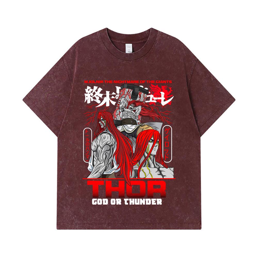 275 GSM Washed T-shirts 100% Cotton Record of Ragnarok V1 Thor Print Unisex Heavy Cotton T Shirt