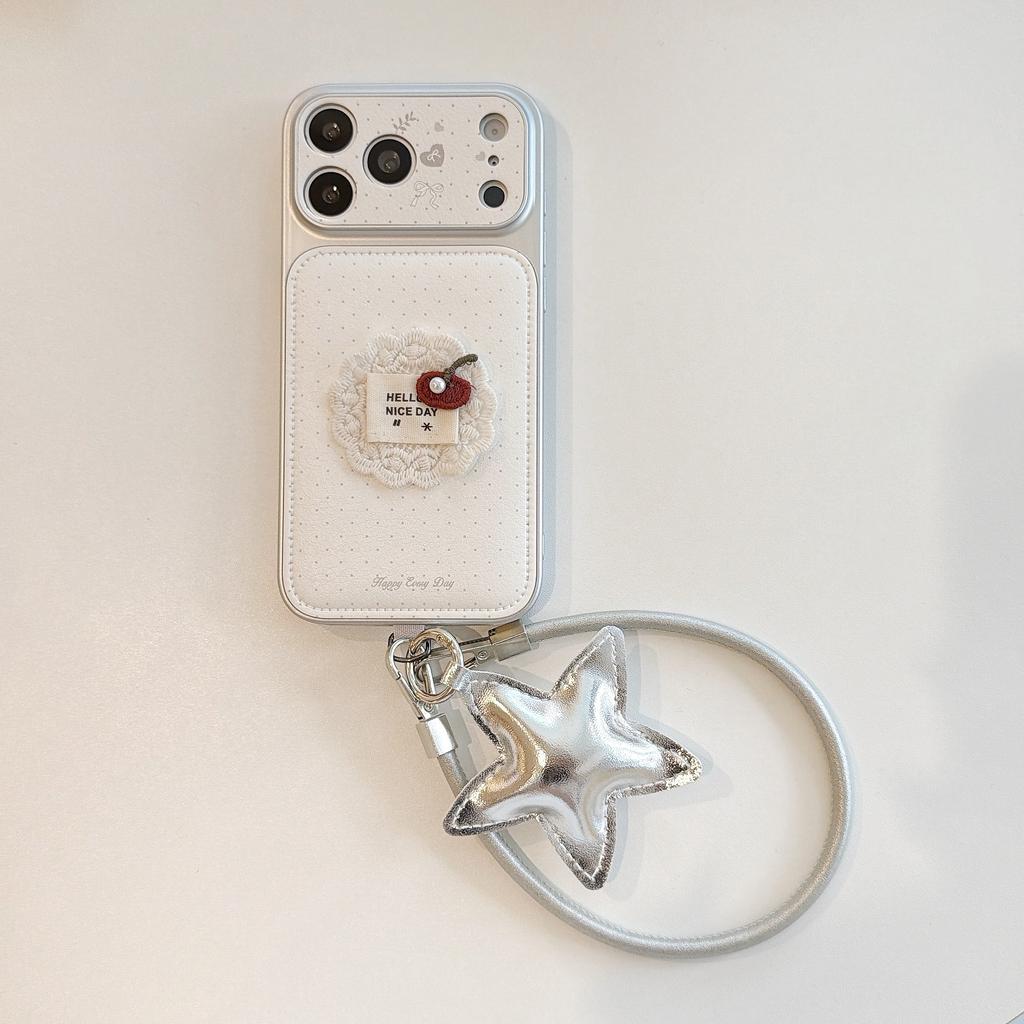 White Leather Red Flower and Lace Bow Decoration with Wrist Lanyard Phone Cover Case for IPhone 17 16 15 14 13 Pro Max Plus