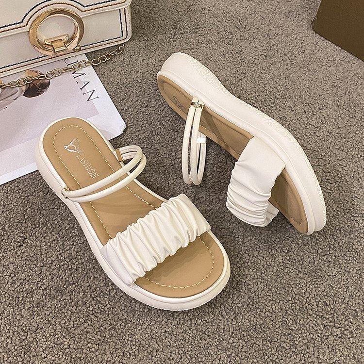 

Sandals women s 2025 summer new rubber soft-soled women s shoes one-word pleated two-wear casual Roman sandals women 40