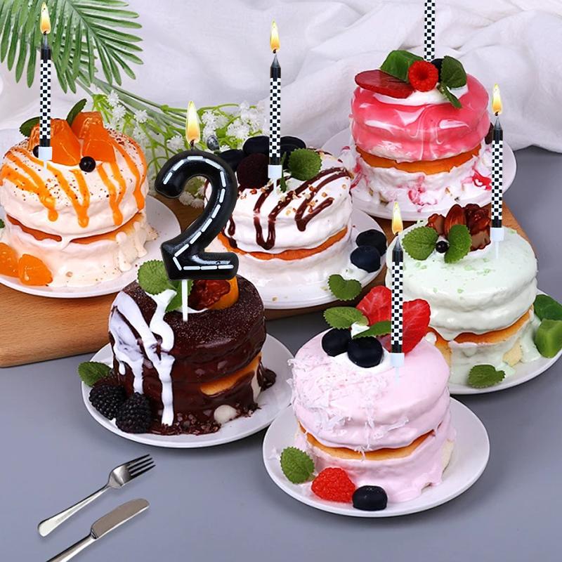 6Pcs 1 To 9 Number Candle For Racers Black and White Checkered Candle Anniversary Truck Candle Cake Topper Festival Candles Cake