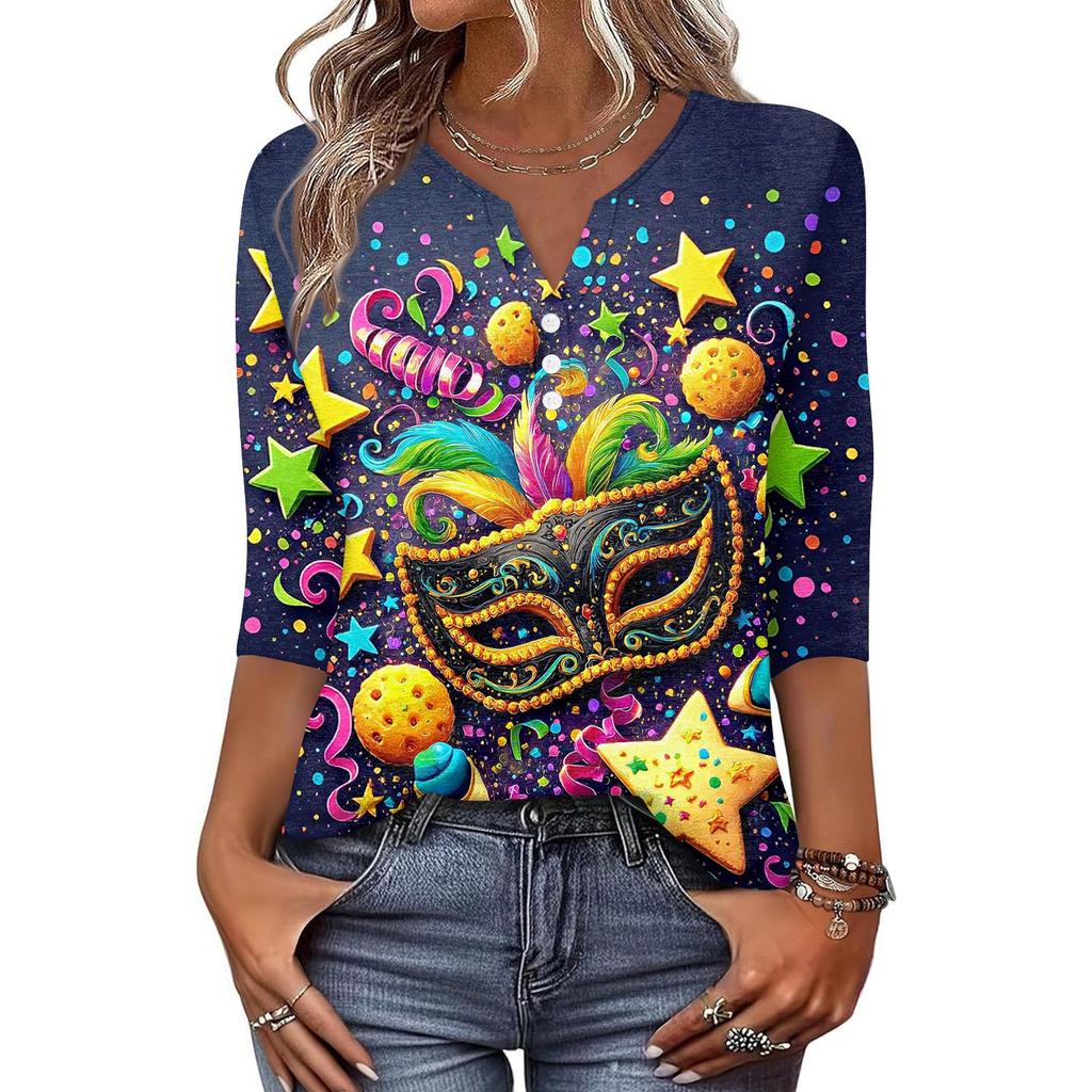 Dámské tričko s potiskem, knoflíky, 3/4 rukávy, pro každý den, na víkend, módní, základní, s výstřihem do V, běžný top