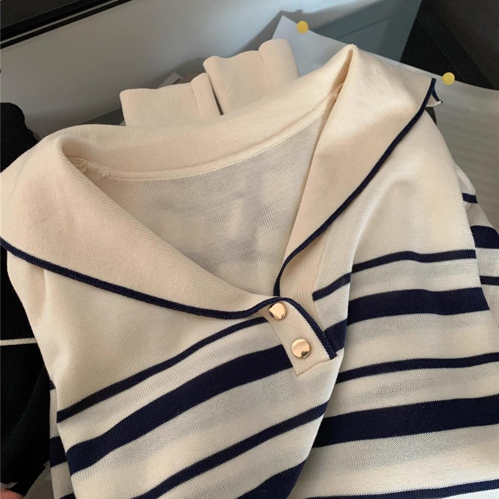 This Autumn and Winter Fashion Design Features A Simple Navy Neck Striped Long-sleeved Knitted Sweater and A Loose, Slimming Base Layer for Women