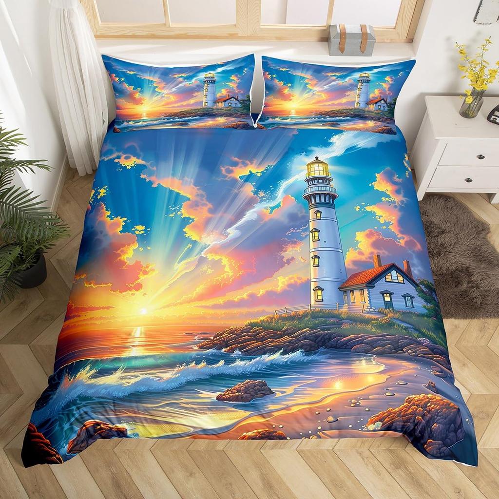 Ocean Beach Duvet Cover Full Lighthouse Comforter Cover Floral Butterfly Bedding Set for Adults Kids Summer Vacation Quilt Cover